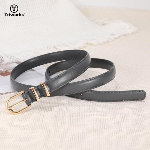 2 Pack Women's Skinny Leather Belts Black Gray Thin Faux with Gold Buckle - Picture 4 of 6
